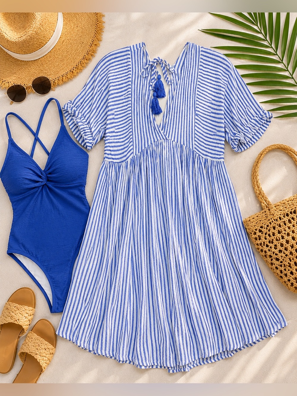 Blue Island Striped Tassel Tie Beach Coverup Dress Size M